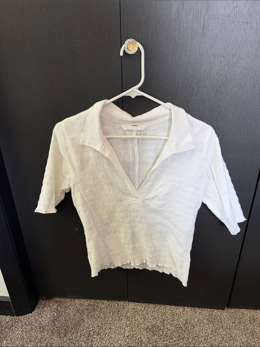 Free People White Textured Cropped Polo Top